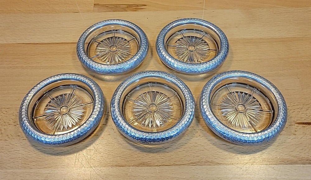 Vintage Coasters Glass Star Starburst Pattern w/ Hammered Aluminum Trim set of 5